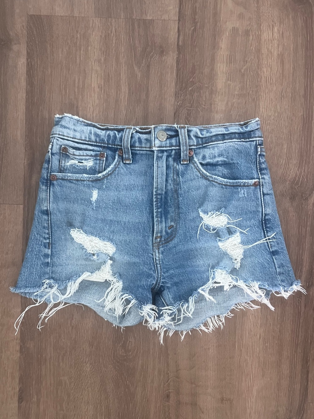 Abercrombie Distressed High-Waist Denim Shorts - Medium Blue